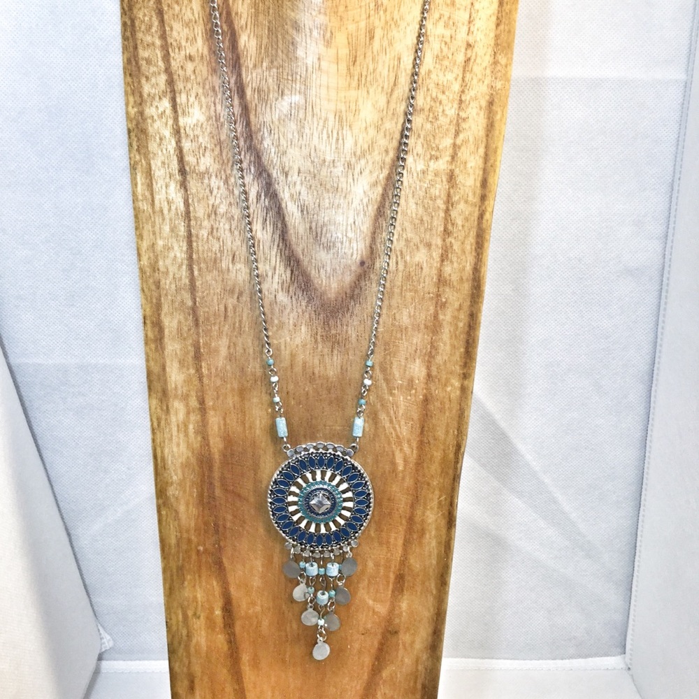 20 inch pendant necklace teal and dark blue silver - Picture 4 of 5